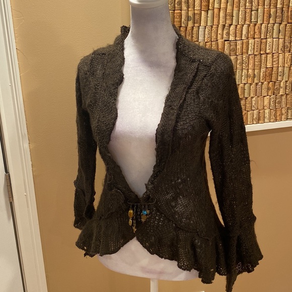 Le Chat Paris Soft Black Mohair Open Knit Sweater, Detailed Pin, Bell Sleeves - Picture 2 of 16